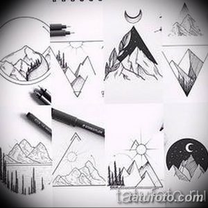 Коллаж из эскизов татуировок с изображением гор, солнца и луны. Различные стили и композиции для вдохновения.